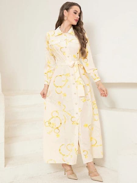 Elegant Long ShirtSleeve Dress with Chain Print n Belt Pocket Sophisticated Collared Neck Button Details 250530