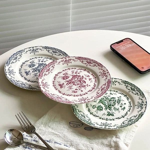 Creative Retro Nordic Flower Pattern Disc Ceramic Elegant Shallow Plate Round Exquisite Dessert Plate el 250528