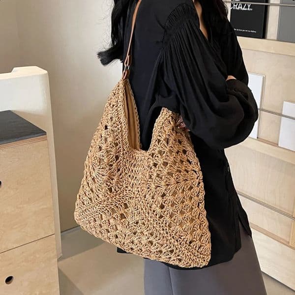Summer Straw Knitting Bag Hollow Out Tote Bag Solid Beach Shoulder Bag Holiday Travel Handbag Boho Shoulder Purse for Women 250523