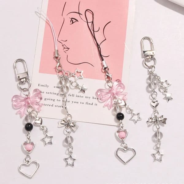 Goth Y2K Phone Charm Bow Heart Star Keychain Pendant Kawaii Key Chain Bag Phone Chain Cute Accessory For Girls Women Jewelry 250526