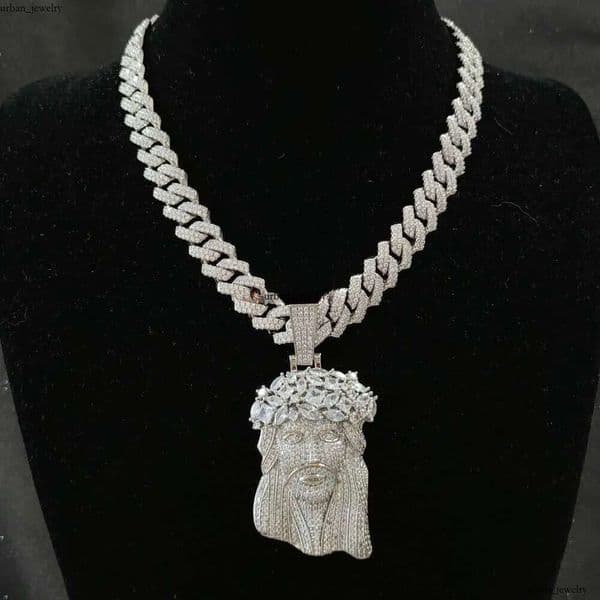 necklace moissanite chain Jesus Pendant with 13mm Moissanite Cuban Chain Necklace Hip Hop Jewelry for Men Gift 15