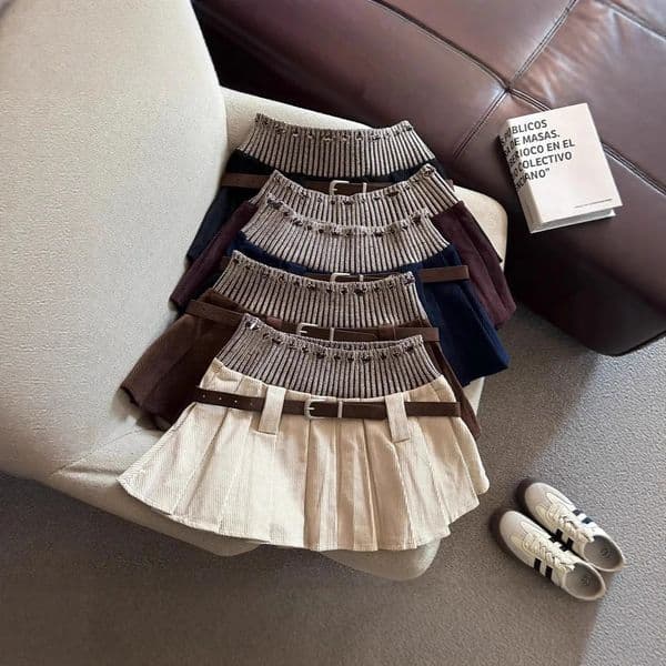 Miral n Sweet And Spicy Spliced Knitted Waist Head Corduroy Mini Skirt Autumn Winter Style Polyester Blend 251201