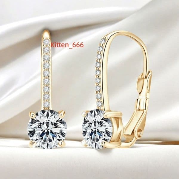 Womens Moissanite Earrings Round Cut Solitaire Studs Sterling Silver Hook with Gold Plating Elegant Jewelry