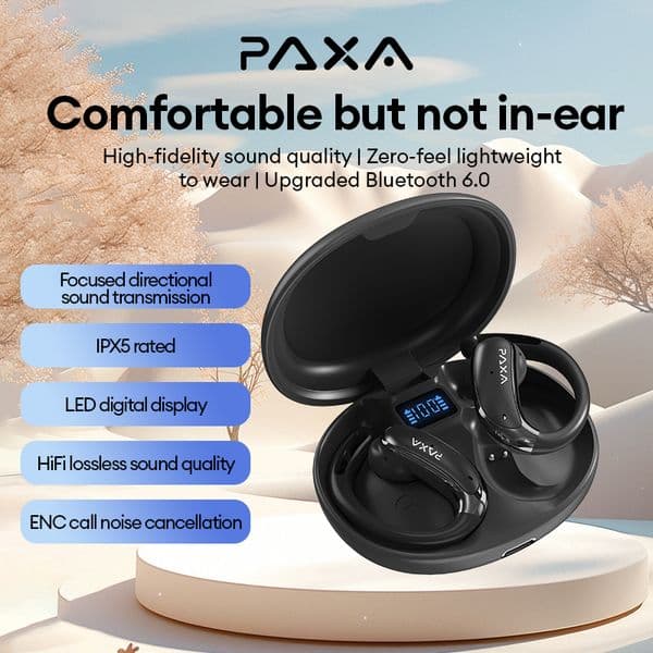 PAXA H6 OWS Bluetooth V6.0 Earphones Ergonomic Earhook Design Gaming Earbuds ENC Noise Cancellation for Calls Digital Battery Display Long Battery Life Headset