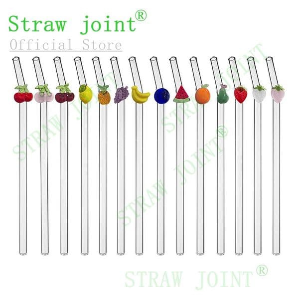 2pcs/Box 200x8mm Autumn Harvest Fruit Glass Straws, Heat Resistant Creative Drinking Straws with Decorations