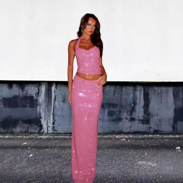 NIDANSSI Sequin Glitter Backless Evening Party Two Piece Set Strapless Top Long Skirt Women Set Elegant Summer 2 Piece Set Women 250206