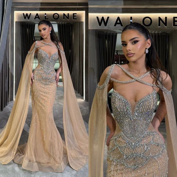 Gorgeous Evening Dresses Strapless Crystal Prom Gown Detachable Cape Sleeves Beads Shiny Rhinestone Illusion Mermaid Customized Vestidos De Noche