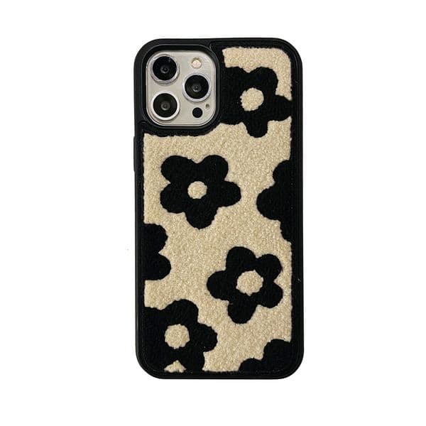 Plush Embroidered Black Flower Phone Case for iPhone 17 Pro Max, Apple 16/15/14, Autumn Winter Shockproof Cover