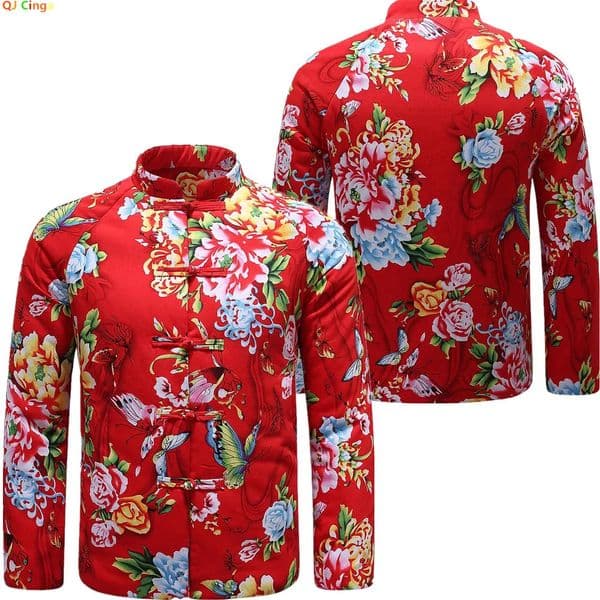 Bright Red Mens Printed Parka Chinesestyle Singlebreasted Standup Collar Cotton Coat Winter Warm Jacket 251129