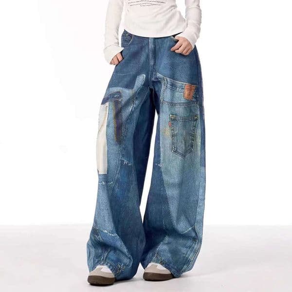 Spring and Autumn American High Street Retro Design Patchwork Printed Jeans Unisex Loose Straight Wide-Leg Pants