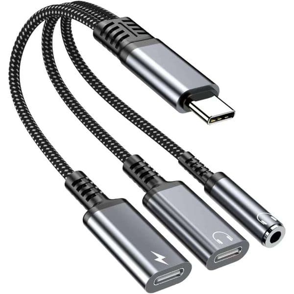 USB-C to 3.5mm and Adapter, 3 in 1 Dual Type C Aux Splitter Charger Headphone Jack Dongle Cord Compatible for iPhone 15/16/17 Pro/Max/Plus, iPad, Samsung Galaxy