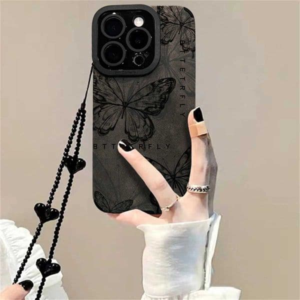 Retro Sketch Butterfly 3D Heart Lanyard Phone Case For iPhone 16 15 14 13 12 11 Pro Max Plus Shockproof Protective Back Cover M251203