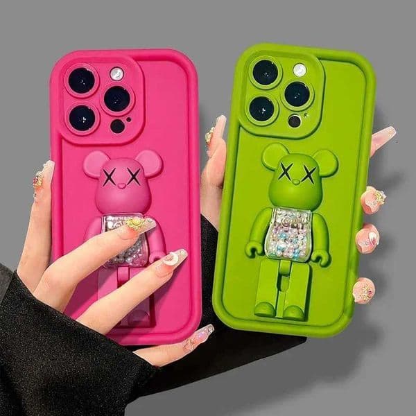 Cute 3D Bear Bracket TPU Phone Case for iPhone 16 15 14 13 12 11 Pro Max XR XS X Plus Silicone Shockproof Matte Cover Z251203