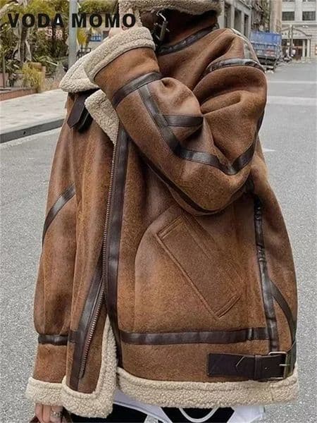 Women Warm Lamb Shearling Jacket Zipper Moto Biker Long Sleeve Short Casual Outwear Winter Sheepskin Coat Faux Fur Suede Leather 251202
