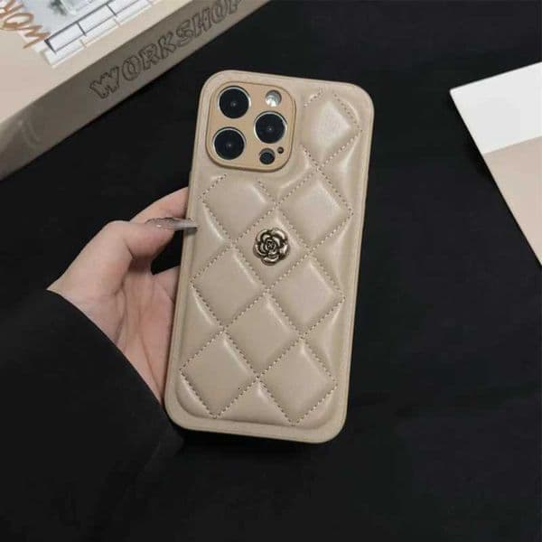 Luxurious High Quality Leather Lattice Phone Case For iPhone16 15 14 13 12 ProMax Fashion 3D Camellia Silicone Anti-fall Cover Z251203
