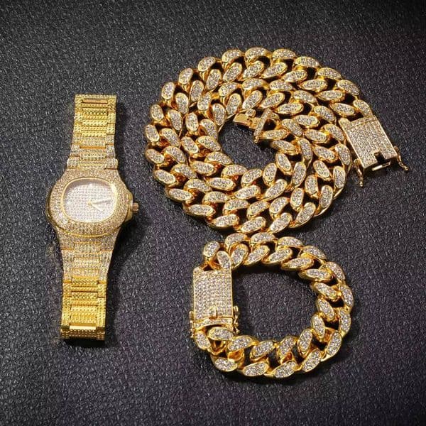 Trendy High Quality 20mm Rose Gold Miami Cuban Link Chain Necklace and Bracelet Sets Iced Out Bling Watch Silver Jewelry Men