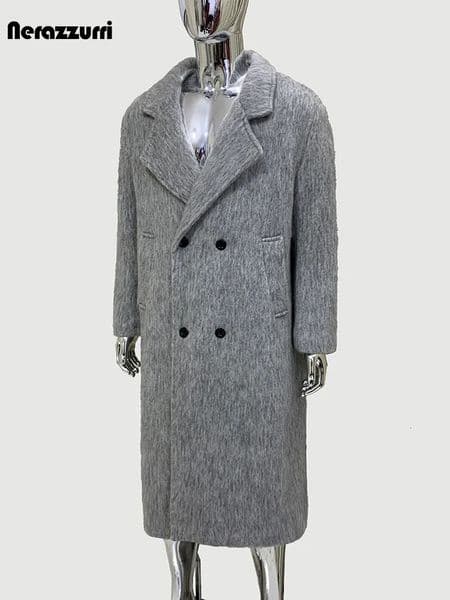 Nerazzurri Spring Winter Long Thickened Warm Gray Woolen Coat Men Shoulder Pads Double Breasted Elegant Wool Blend Overcoat 251107