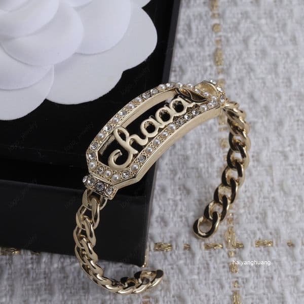 Bangle golden Half opening Bracelet Cuff Alphabet rectangle Embed zircon pearl Multi-element designer fashion ladies weddings banquets Valentines Day