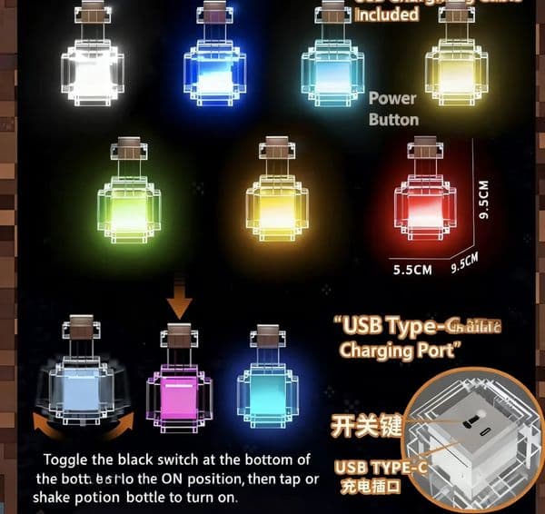 Highquality pixelstyle potionbottle night light tap to cycle 7 colors perfect desk dcor and a musthave for gamers 251204