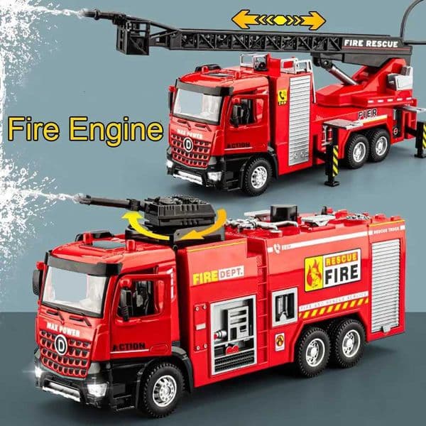132 Scale Fire Engine Model Cars Toy Alloy Diecast with Light Sound Can Spray Water Aerial Ladder Fire Truck Toddler Kids Gifts Y251204