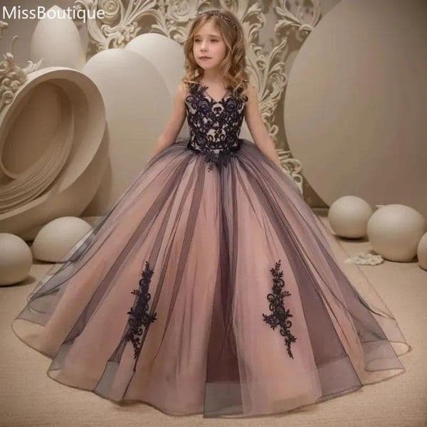 Cute Girl Party Dress For Wedding Black V Neck Lace Tulle Long Flower Girls Dresses Princess Pageant Birthday Christmas Gown MC2224