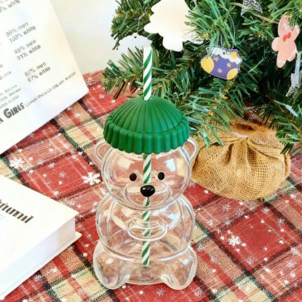Festive 500ML Glass Bear Tumbler Cute Cup with Straw LeakProof Lid Ideal Christmas Gift 251203