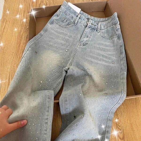 Autumn n Light Blue Beaded Straight Denim Pants for Women High Waist Slimming Wide Leg Long 251204