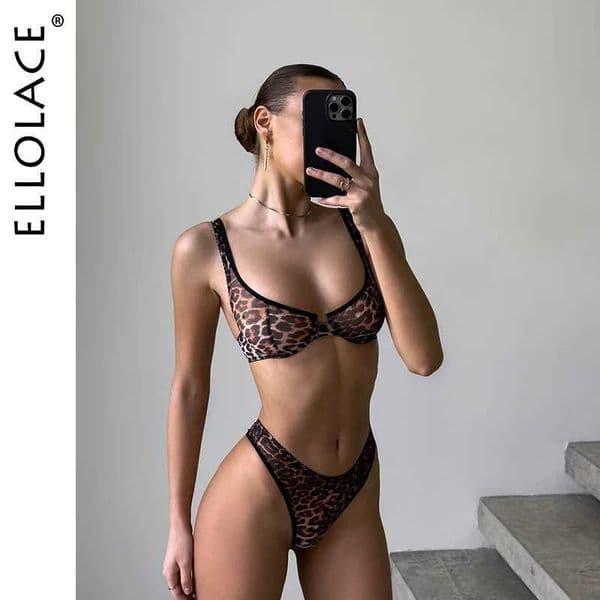 Ellolace Ladies Sexy Lingerie Leopard Ultra Hot Underwear For Women Sissy See Through Half Cup Bra Thong Set Call Of The Night L260512