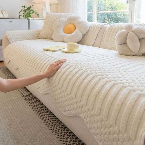 Cream Thicken Tuffed Fleece Sofa Cover for Cozy Winter Warmth Living Room Furniture Decor Couch Cushion Slipcovers Sofa Towel M251204
