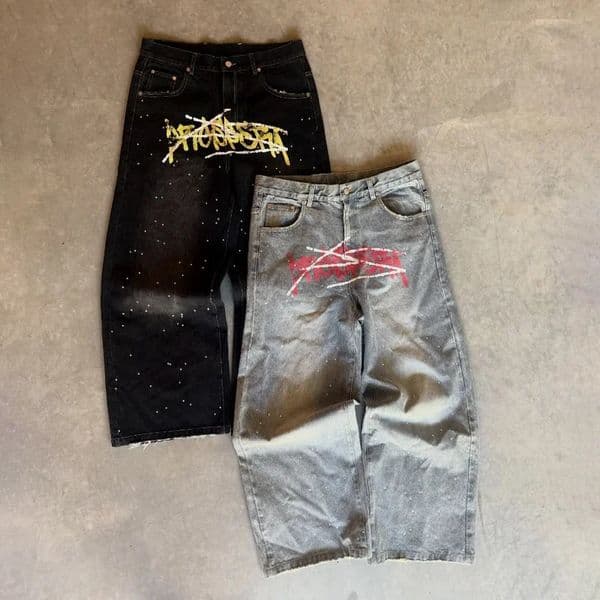 Y2K Harajuku Jeans Rhinestone Graffiti Style Text Printing Casual Washed Denim pants Hip Hop Men Women Streetwear Wide Leg Jeans 251201
