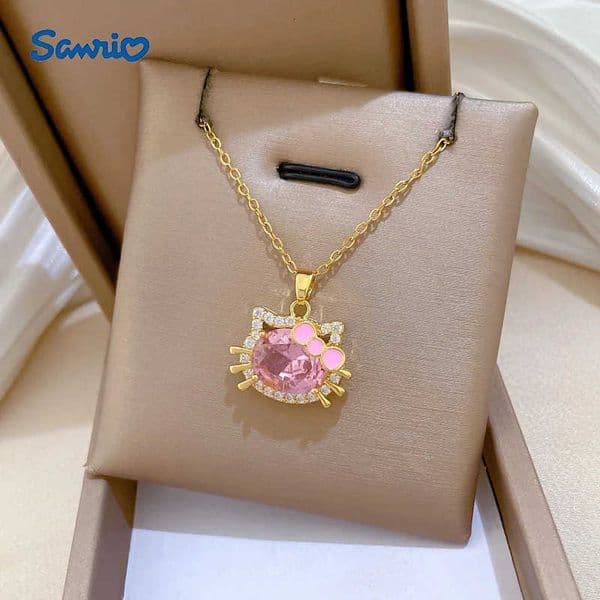 Sanrio Pink Crystal Hello Kitty Pendant Necklace for Women Girls Sweet Cute Stainless Steel Chain Jewelry Accessories Gifts H251205