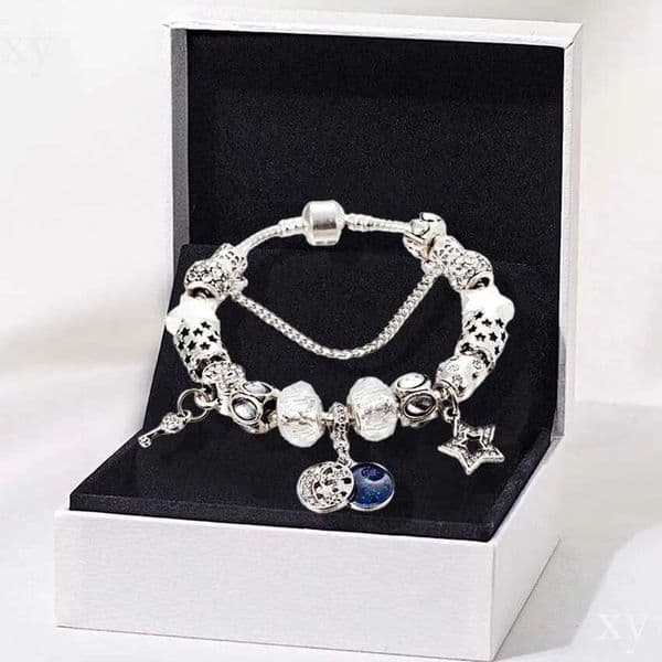 Moon & Blue Sky Charm Crystal Diamond Jewelry 925 Sterling Silver plated Bead Charms Bracelet Set for Women Girls Party Gift with Luxurious Box wholesale