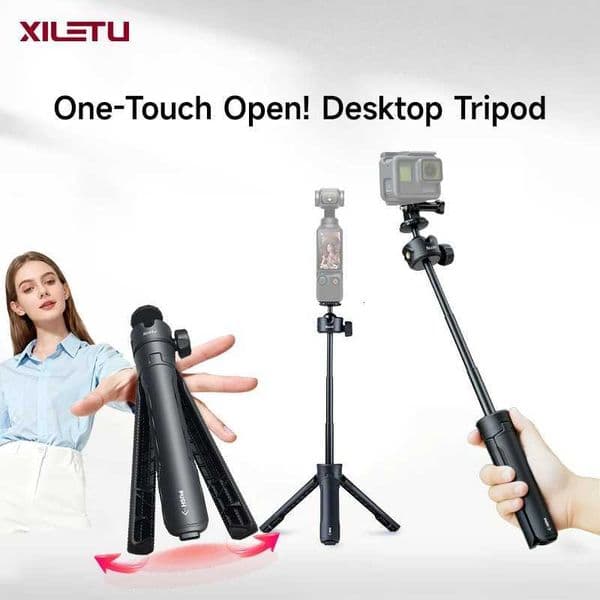 XILETU Quick Open 3-Section Extendable 2-in-1 Desktop Tripod with 360 Ball Head and Phone Holder for DJI Pocket3/ /Insta360 M251205