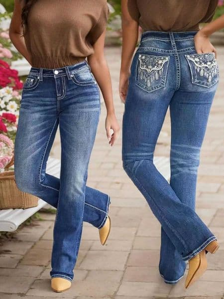 Womens Embroidered Flare Jeans - Stylish High-Waisted Denim with Unique Stitching DetailT251205