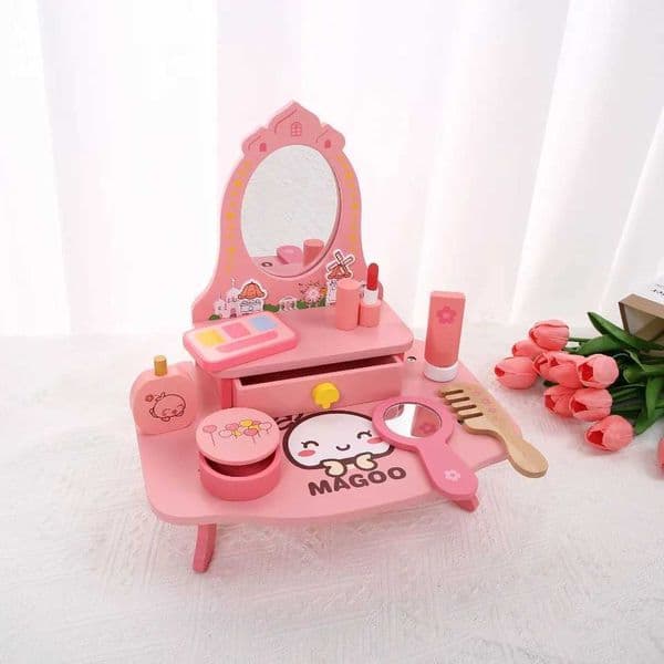 Wooden Children Makeup Toy Set Dressing Table Toy Cosmetic Toy with Mirror Pretend Y251205