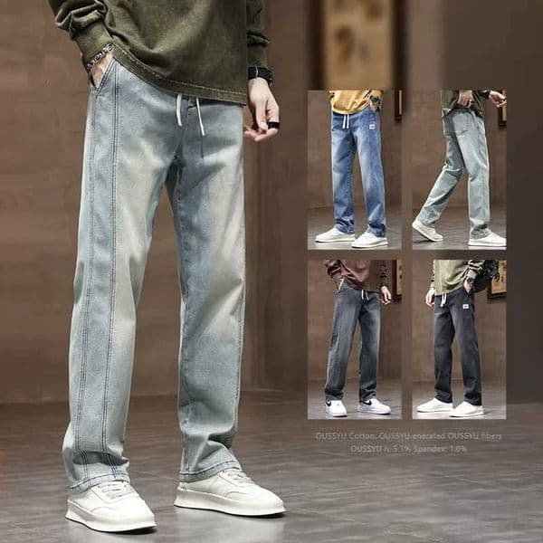 Autumn Winter Retro Jeans Men Drawstring Elastic Waist Cotton Cargo Denim Pants Work Korean Fashion Thick Trousers Male M-4XL 26L0507