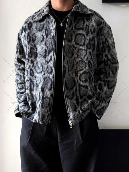 Men's Jackets Winter Warm Clothing American Retro Leopard Print Fashion Oversized Jacket Men Street Hip-hop Harajuku Casual Loose Zipper