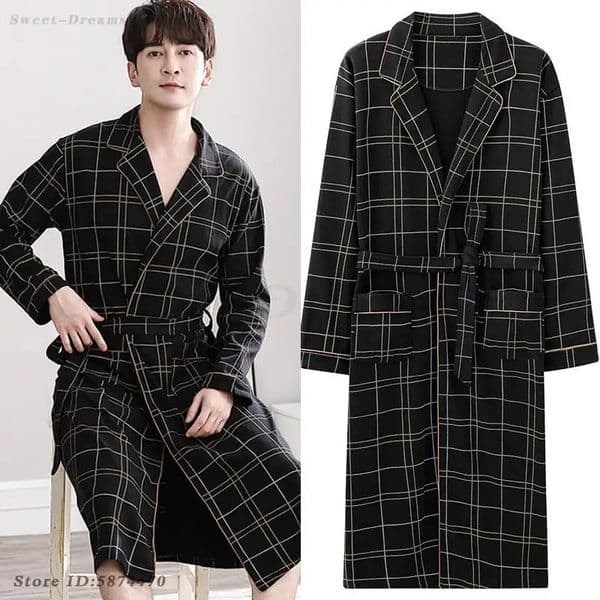 Casual Plaid Bathrobe Man Spring Autumn Cotton Robe Sleepwear Long Sleeve Kimono Male V-Neck Intimate Lingerie Spa Robes L-4XL 251202BJ
