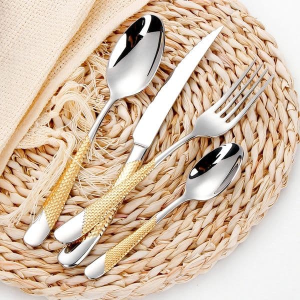 4/8/16/20/24/28 Pcs Gold Plated Cutlery Set Dishwasher Safe Flatware Set With Hammered Handle 18/10 Steel Silverware Set 251202BJ