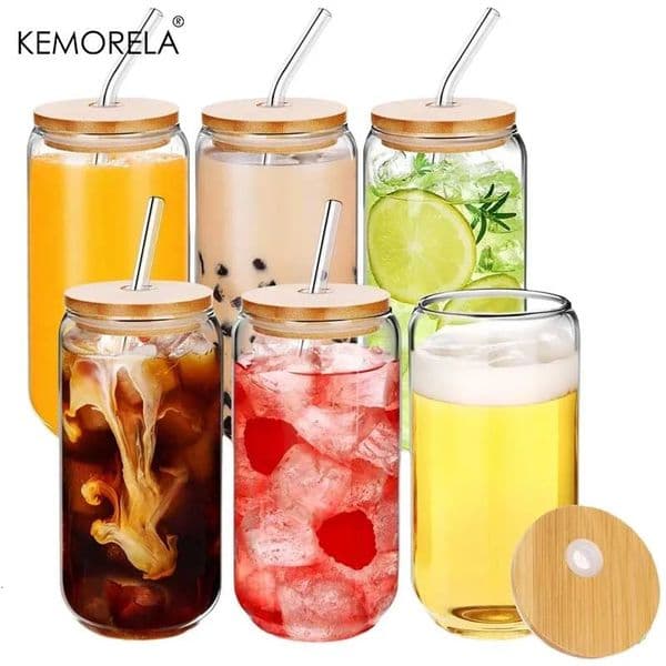 Set of 2/4/6 Glass Can Shaped Cups 500ml with Spill-Proof Lids And Straws plus Straw Cleaning Brushes - Birthday Gift Idea 251204