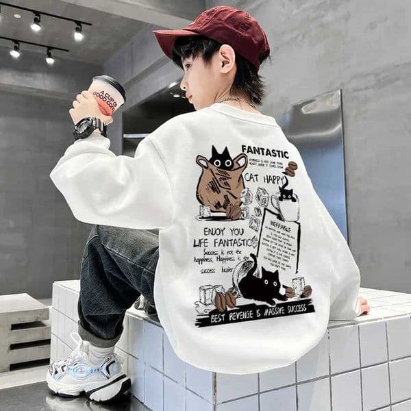New Boys Girls Sweatshirt Pullover Autumn Korean Version Cat Group Printed Long Sleeves T-Shirt Tops Casual Kids ClothesXJ251206