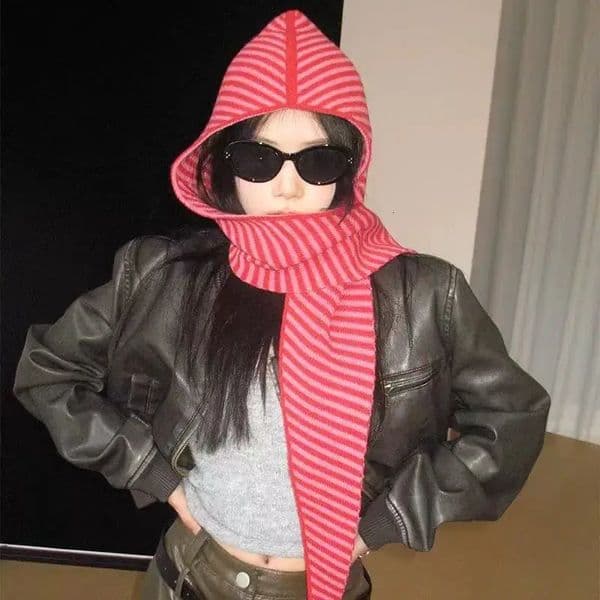 A Variety of Styles Autumn Winter Korean Version Striped Hat Scarf Integrated Womens Warm Shawl Scarf Wool Knitted Hat Hooded 251204