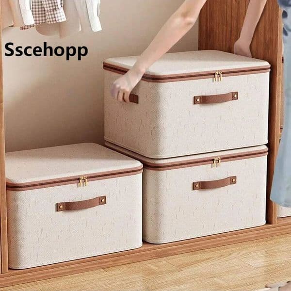 Sscehopp Zippered Lid Cotton Linen Storage Box Foldable Washable Closet Rack Clothes Organizing Box with PU Leather Handle 251204
