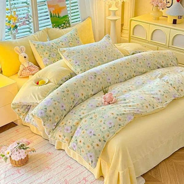 2025 Fall/Winter New Printed Small Fresh Style Milk Fleece Bed Sheet Four-Piece Set Student Dormitory Three-Piece Set H251206