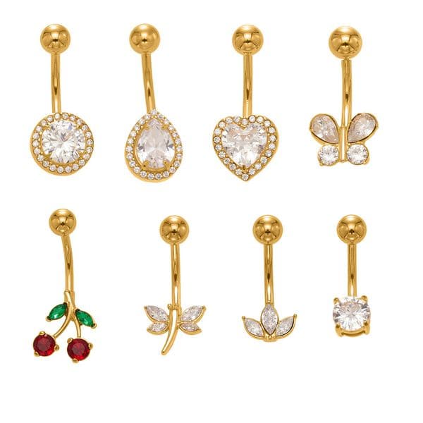 TaiYang 2025 New Navel Earring , 18K Gold Plated Stainless Steel Zirconia Piercing Jewelry, Interchangeable Cherry/Butterfly/Diamond Designs for Women