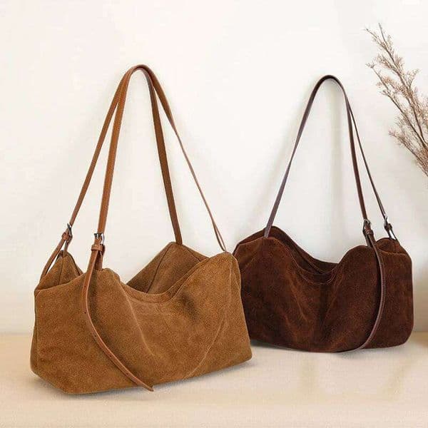 Women's Suede Genuine Leather Shoulder Bags Ladies Soft Cowhide Crossbody Solid Bag Female Design Luxury Lazy Commuter Handbag Daily Wear Women's Bags
