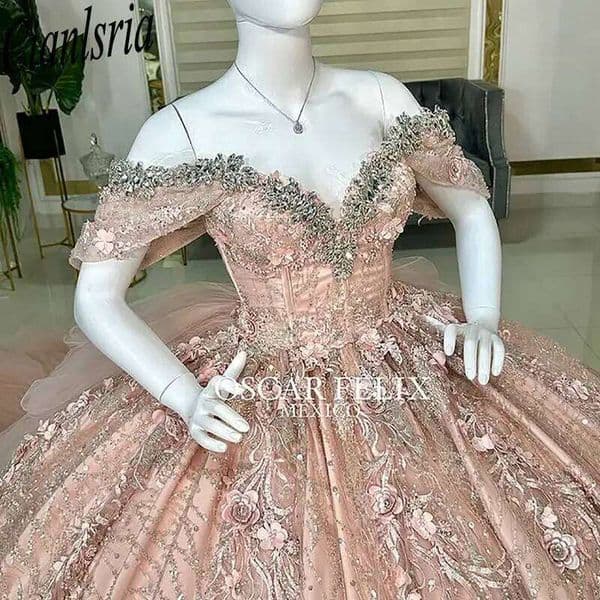 Rose Gold Glitter Crystal Beading Quinceanera Dresses Ball Gown Off The Shoulder Sweet A os Mexican Customized