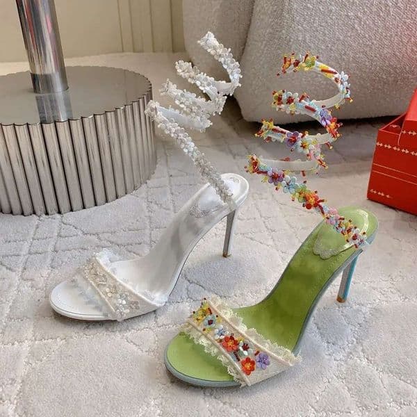 Luxury New Cleo Floral Lace Satin Sandals Snake Stiletto Heel designer shoe woman fashion evening Elegant dress sexy party wedding shoes Slip on high heel sandals