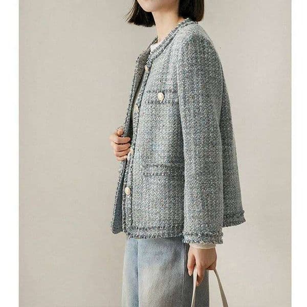 Fashion 2026 Wool High-End Fringed Small Fragrant Coat, Blue-Gray Tweed Jacket Spring French Short Women's Clothing New