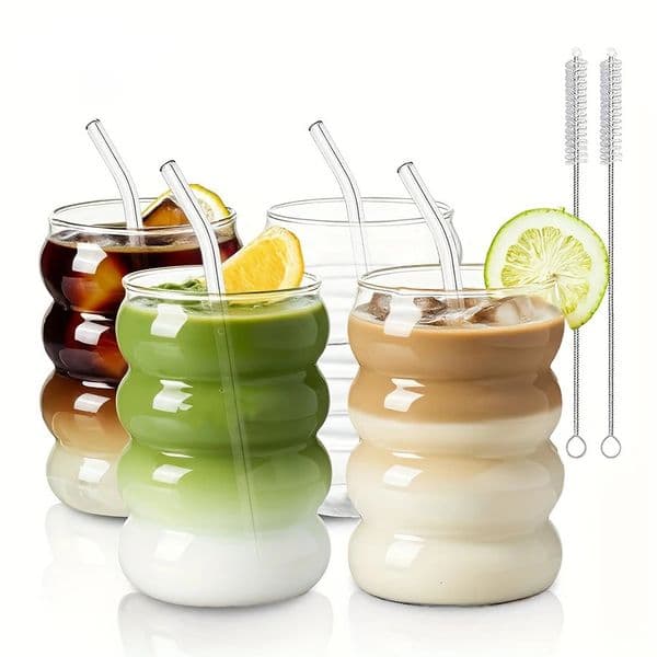 2 High Borosilicate Glass Coffee Cups 350ML/118oz with Straw and Brush Vintage Ripple Transparent Aesthetic Drinkware 251204